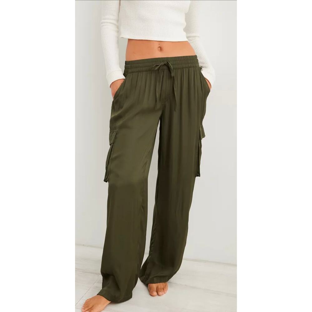 Aerie Olive Green‎ Cargo Lounge Pants Womens Small Drawstring Wide Leg